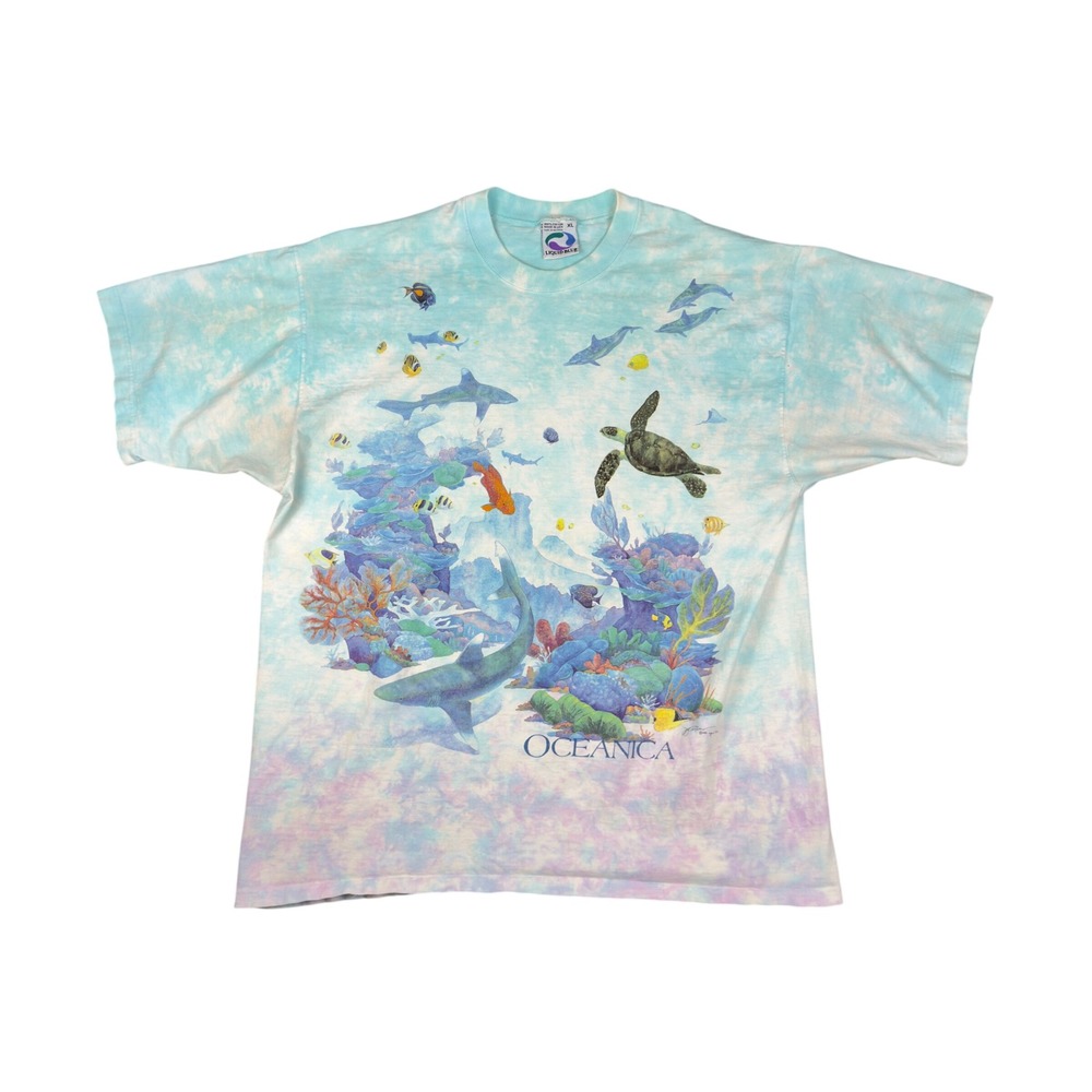 Vtg 1993 Liquid Blue AOP Oceanica T Shirt Men's XL Tie Dye Shark Turtle Made USA